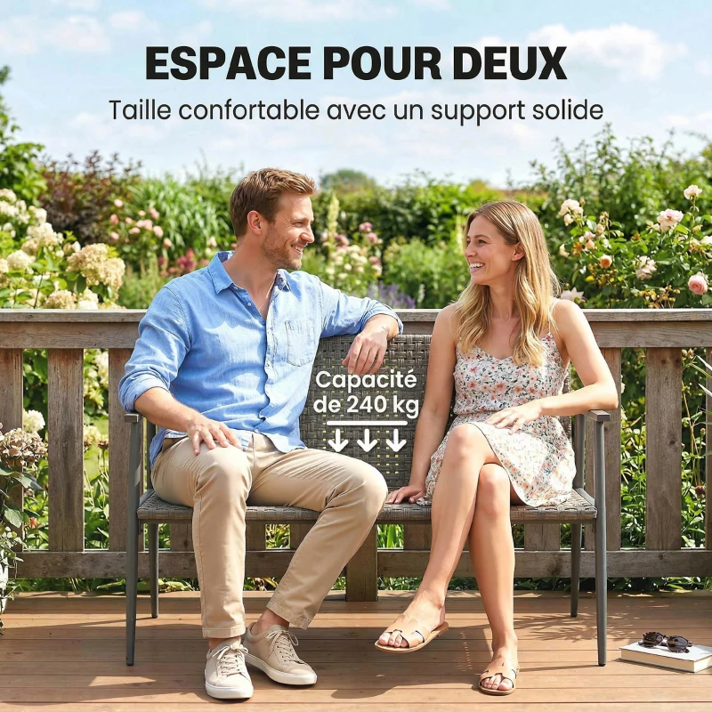 Outsunny Banc de Jardin 2 places en Résine Tressée et Acier, avec Accoudoirs, Dossiers et Pieds Réglables, 110x58x78cm, Gris