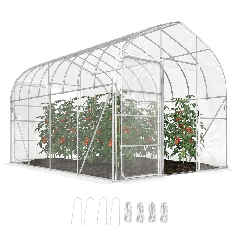 Outsunny Serre Tunnel de Jardin 12m² Film PO Anti-goutte Acier Galvanisé 25mm Structure Renforcée 2 Portes Battantes Transparent