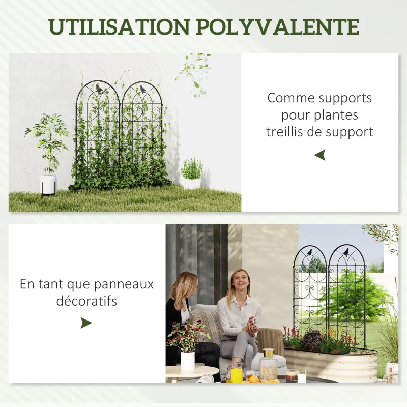 Outsunny Support pour plantes grimpantes avec oiseaux lot de 2 treillis de jardin pour légume vigne fleur métal 50 x 120 cm noir