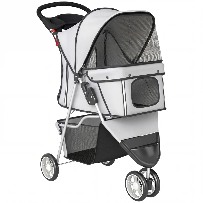 PawHut Poussette pour Chien 4 Roues, Chariot Pliable avec Auvent Réglable, Panier de Rangement, 77x44x102cm, Gris