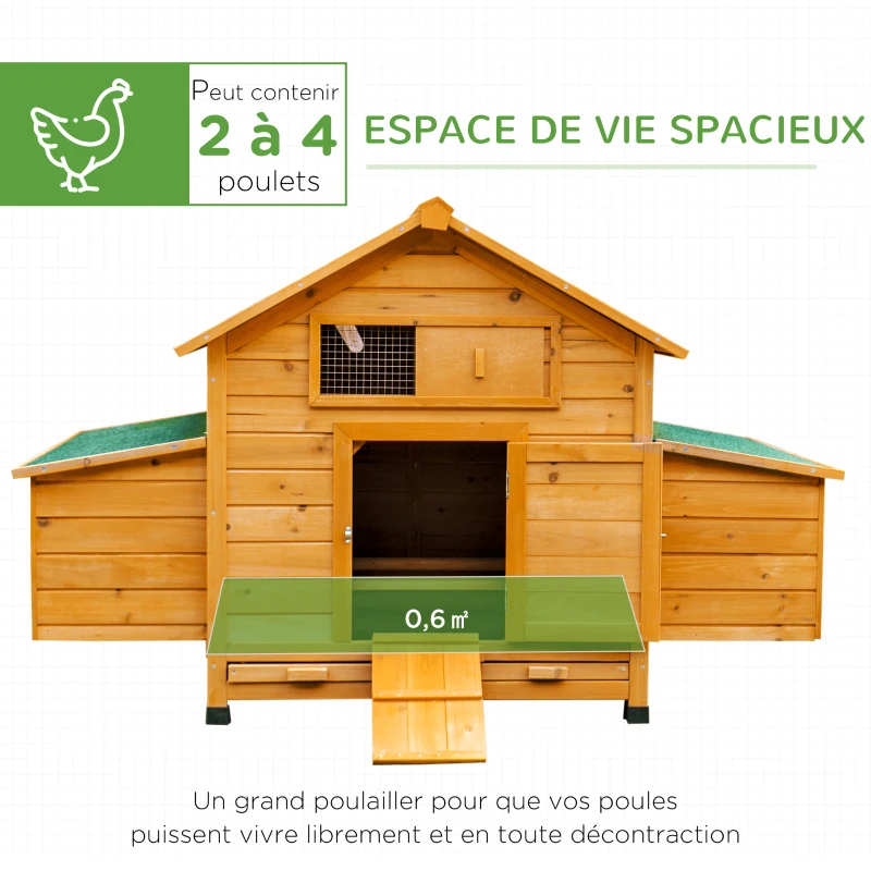 PawHut Poulailler en bois accueillant 4 poules, cage à poules avec pondoir, toit imperméable ouvrable, tiroir amovible, jaune