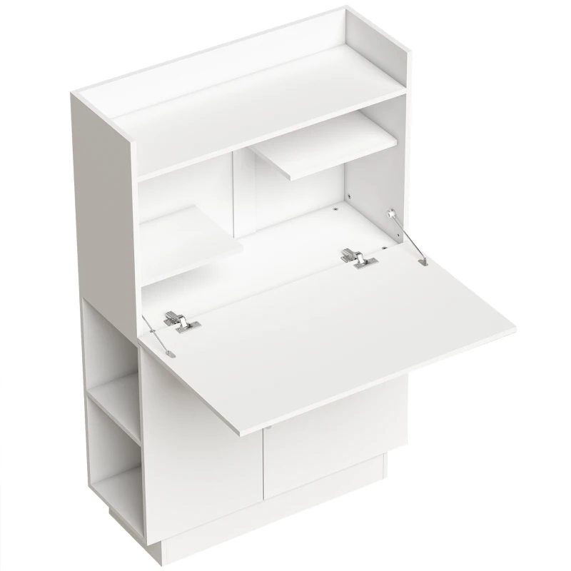 HOMCOM Bureau d'ordinateur pliant, bureau informatique avec plateau rabattable, étagères et placard, 80x30x128cm, blanc