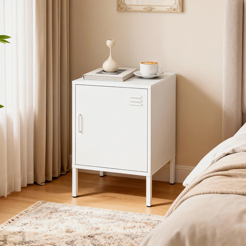 HOMCOM Nachttisch aus Stahl, Beistelltisch für verschiedene Zwecke, verstellbares Regal, für Schlafzimmer, Wohnzimmer, Weiß