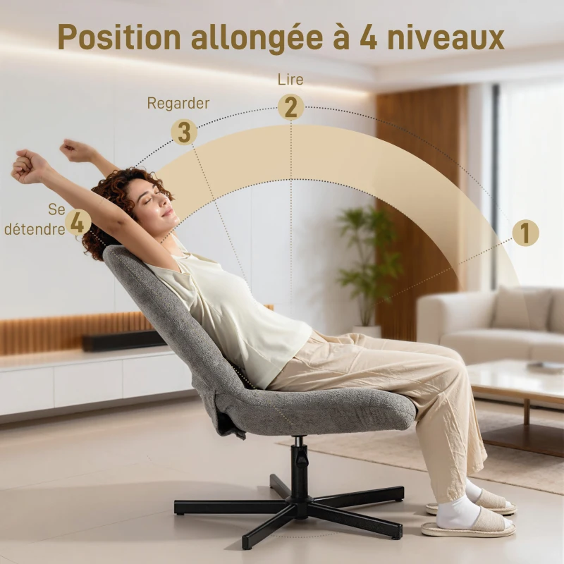 HOMCOM Fauteuil salon avec repose-pieds, chaise pivotante, hauteur réglable, dossier inclinable, 66 x 80 x 93-104 cm, gris