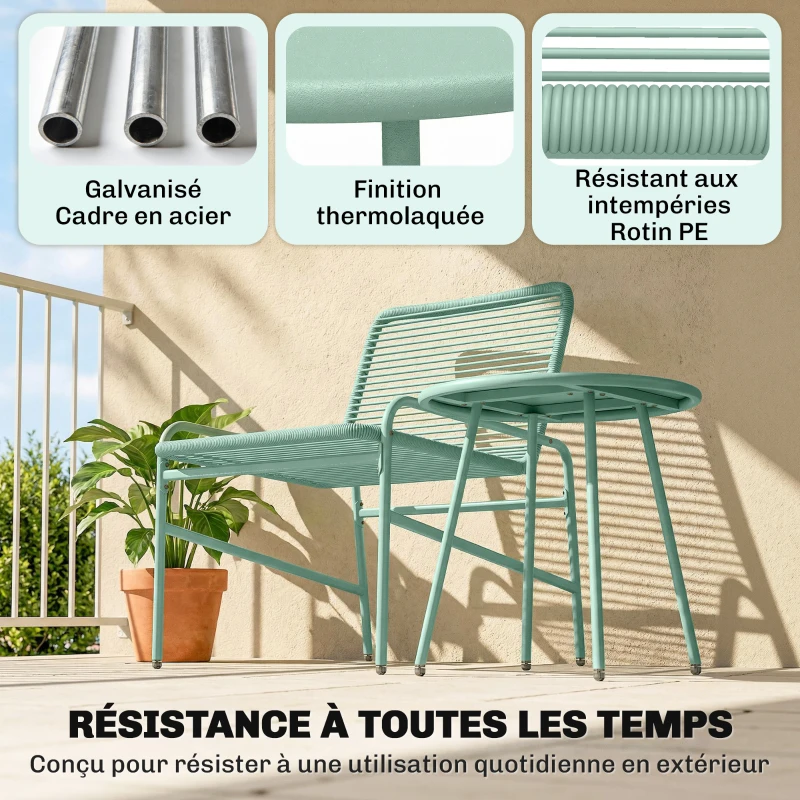 Outsunny Salon de Jardin Extérieur 3 Pièces en Résine Tressée et Acier, Table de Jardin Ronde avec 2 Chaises, 58x67x75cm, Vert
