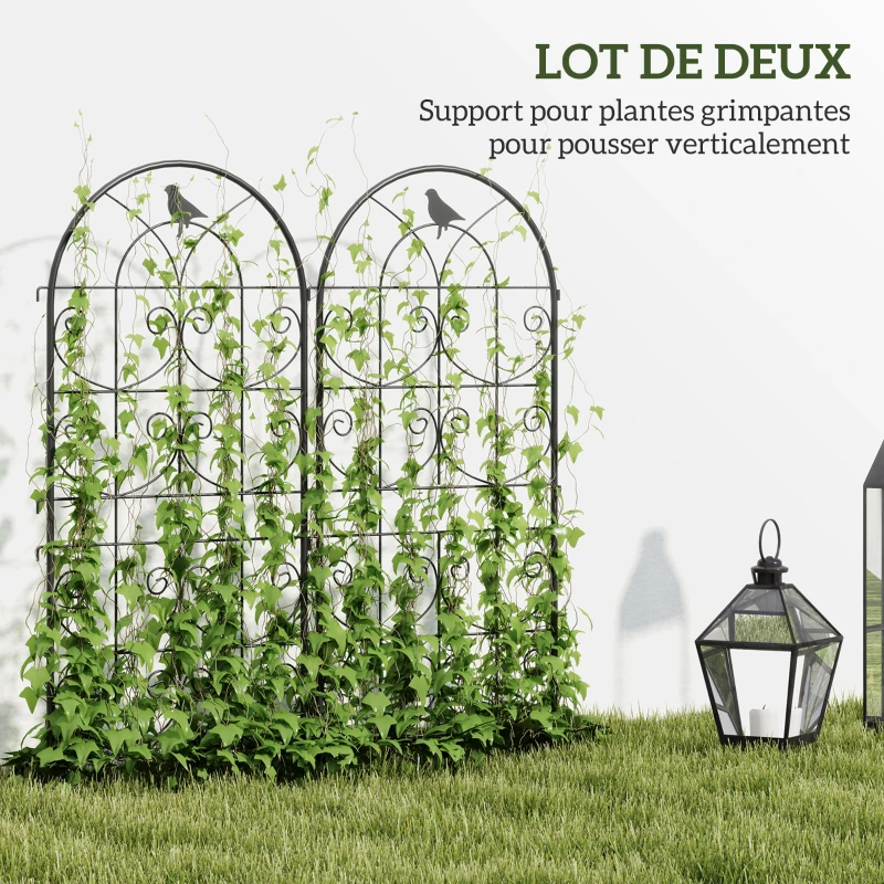 Outsunny Support pour plantes grimpantes avec oiseaux lot de 2 treillis de jardin pour légume vigne fleur métal 50 x 120 cm noir