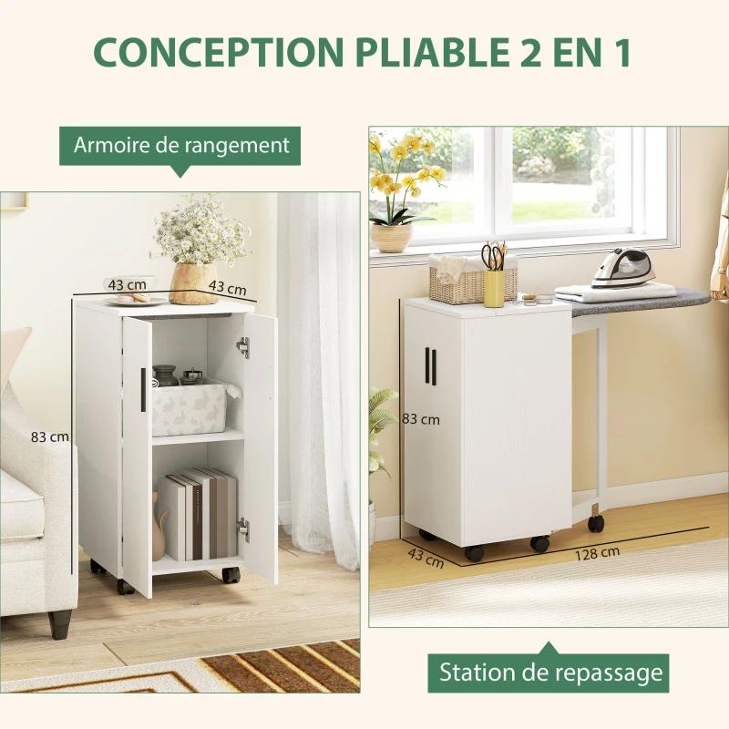 HOMCOM Meuble à repasser 2 en 1, table à repasser pliante sur roulettes avec étagère réglable et charnières, blanc