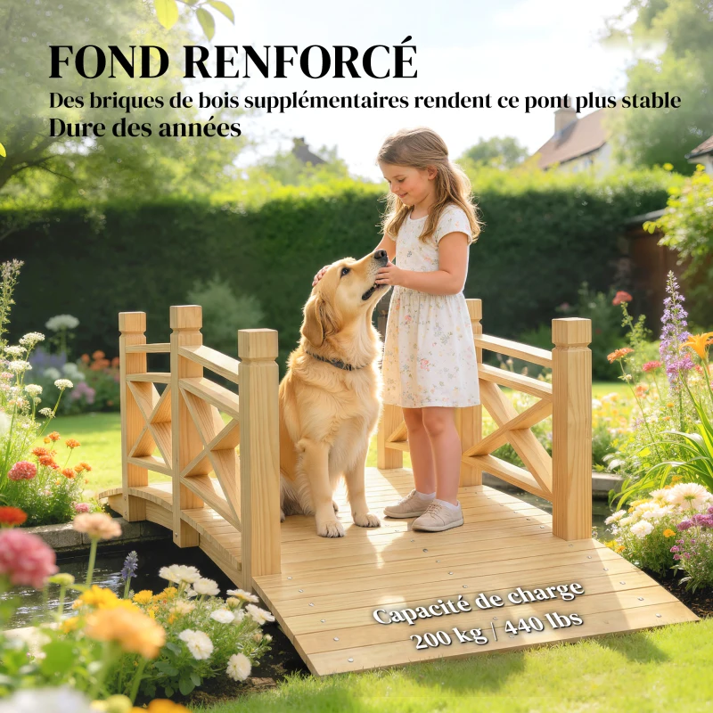 Outsunny Pont de Jardin en Bois Carbonisé Arqué Main Courante Sécurisée et Charge 200kg 174 x 78 x 57,5 cm Naturel