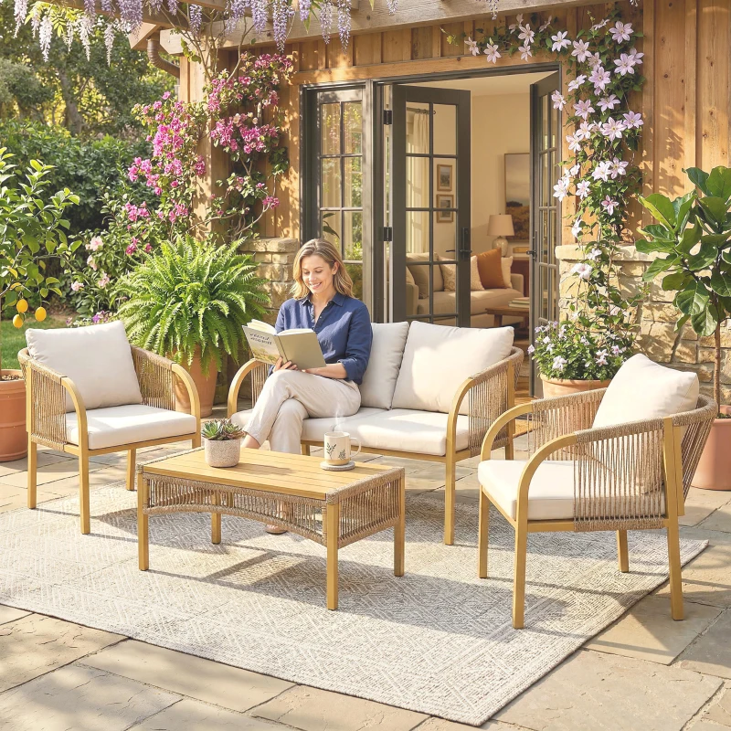 Outsunny Salon de Jardin Extérieur 4 Pièces avec Canapé 2 Fauteuils Table Coussins, Acier Résine Tressée, 120x72x73cm, Kaki