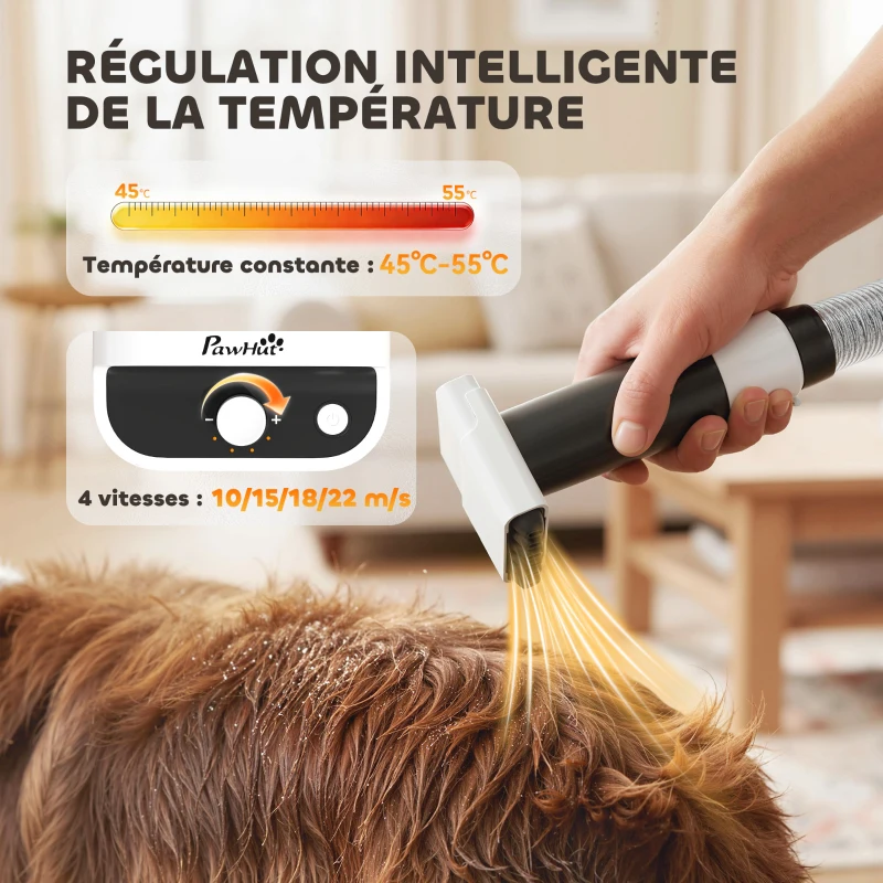 PawHut Aspirateur poil de chien et séchoir 5-en-1 kit toilettage chien professionnel 12kPa  50dB 37,6x17,5x18,5cm blanc