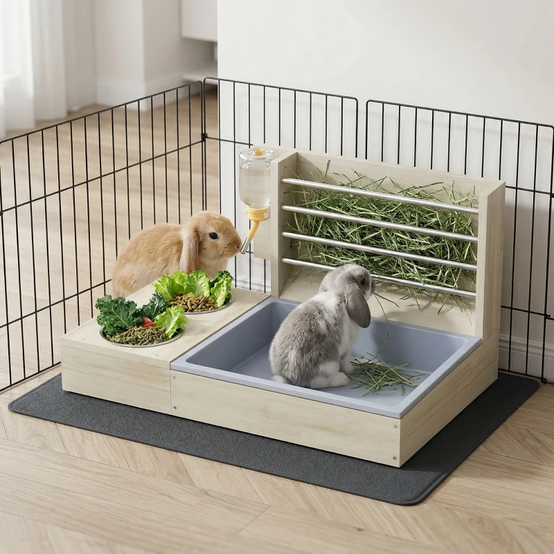PawHut Râtelier à Foin en Bois pour Lapin Mangeoire Lapin 3 en 1 avec Bac à Litière et Bouteille d'Eau 58x40x32cm Bois Naturel
