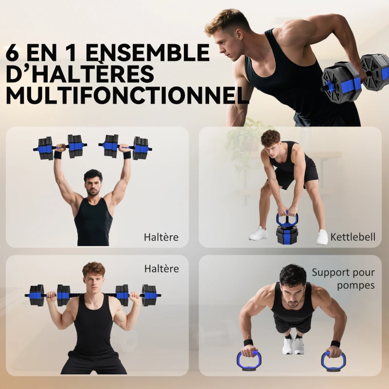 SPORTNOW Ensemble d'haltères musculation 6-en-1 haltère réglable 20 kg kettlebell, barre de musculation support pour pompes bleu