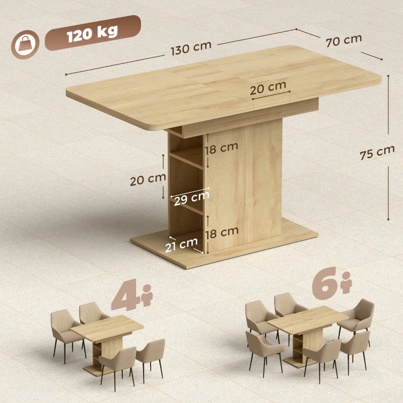 HOMCOM Ausziehbarer rechteckiger Esstisch für 4–6 Personen, Küchentisch 110-130 cm, 6 offene Regalfächer, Naturholz