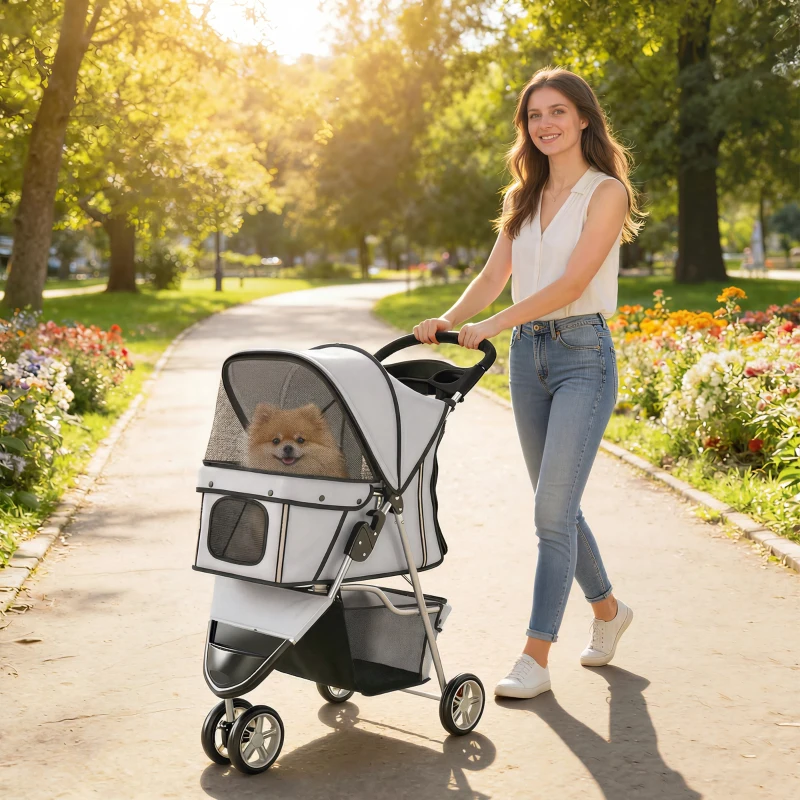 PawHut Poussette pour Chien 4 Roues, Chariot Pliable avec Auvent Réglable, Panier de Rangement, 77x44x102cm, Gris