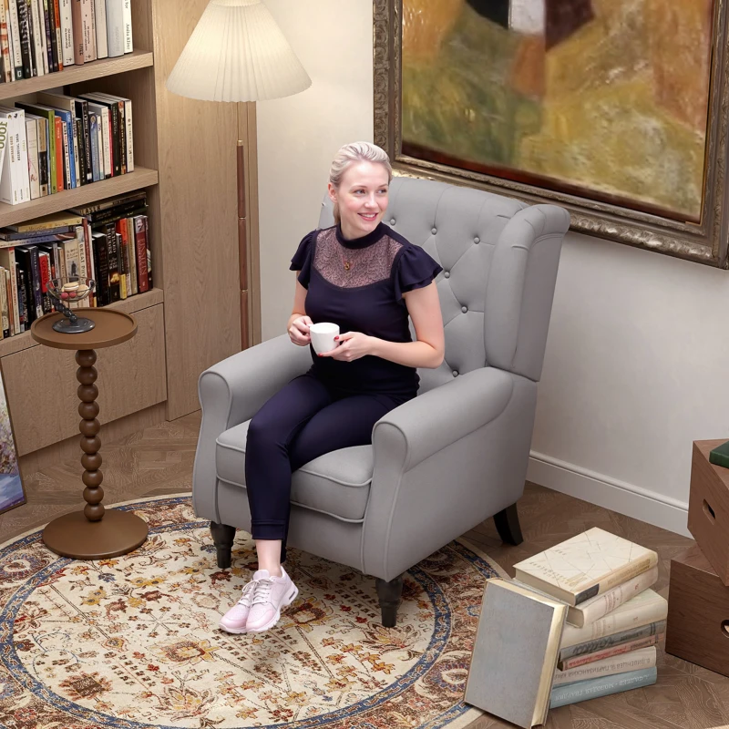 HOMCOM Fauteuil de salon capitonné avec assise large, pieds en bois, style classique, grand confort, 74 x 86 x 102 cm, gris(m-5)