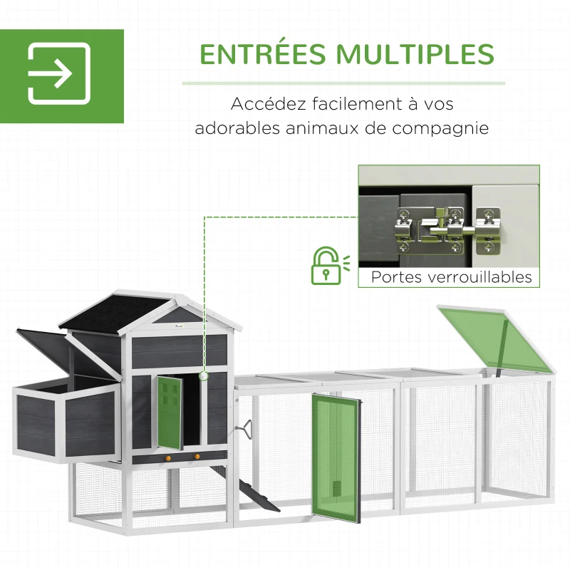 PawHut Poulailler en bois poulailler pour poules extérieur avec pondoir bac amovible en bois massif 297,5 x 68 x 118 cm blanc