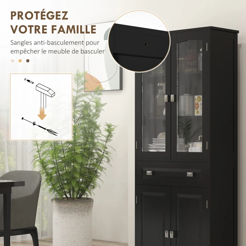 HOMCOM Buffet haut armoire de cuisine 4 portes dont 2 portes vitrées et 1 tiroir hauteur 160 cm avec étagères en bois noir