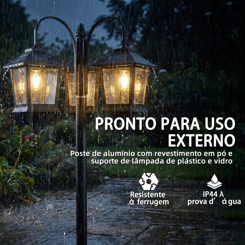 Outsunny Candeeiro Solar Exterior de Jardim em Alumínio com 3 Cabeças com Ligação/Desligação Automática IP44 40x34,5x188 cm Preto