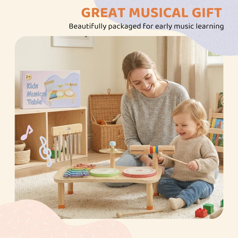 AIYAPLAY Kindermusikinstrumente aus Holz im Montessori-Stil mit Trommel, Xylophon, Doppeltonglocke, Becken, Windglocke