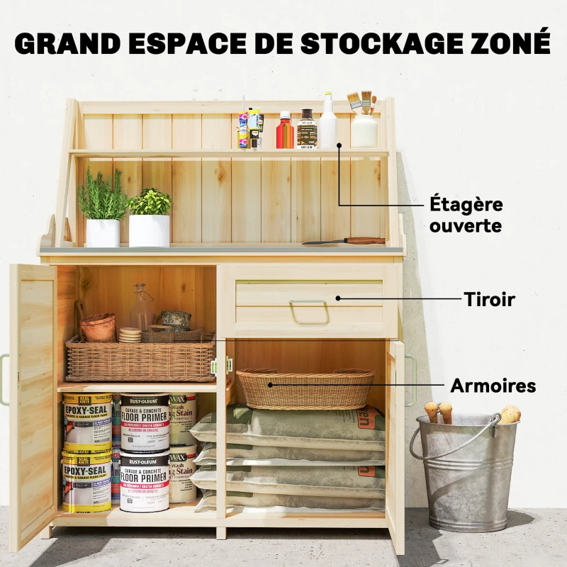 Outsunny Armoire de Jardin en Bois avec Plan de Travail en Métal Galvanisé Tiroir et Étagère 100x45x129,5cm Naturel