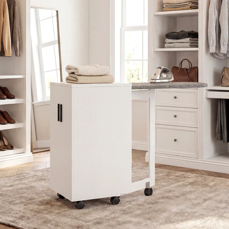 HOMCOM Meuble à repasser 2 en 1, table à repasser pliante sur roulettes avec étagère réglable et charnières, blanc