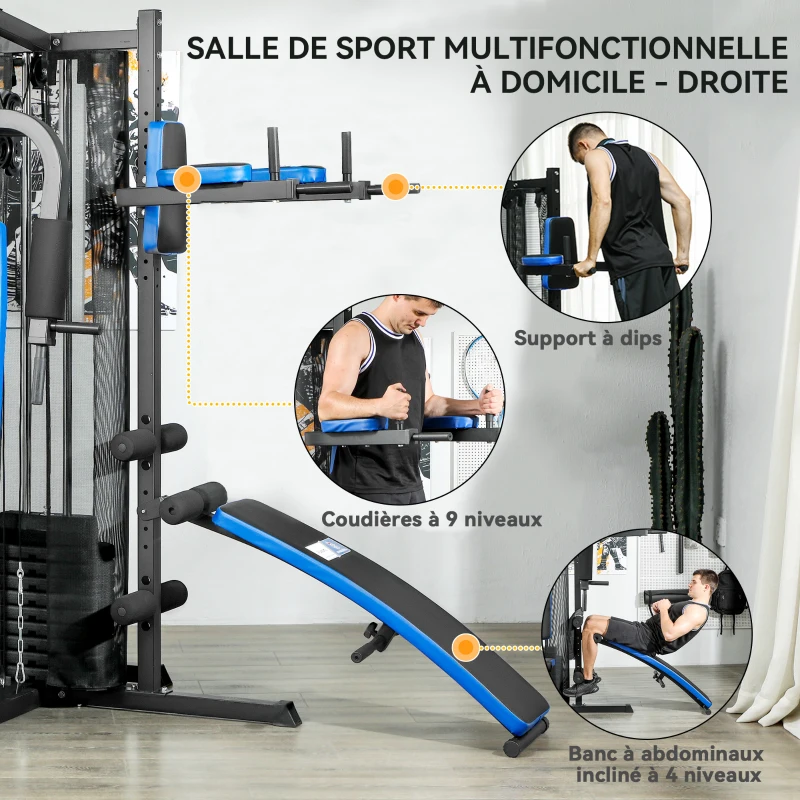 SPORTNOW Station de Musculation avec Pile de Poids de 65 kg, Équipement de Gym à Domicile avec Banc pour Abdominaux, Noir et Bleu