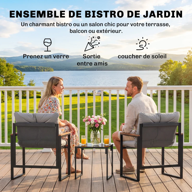 Outsunny Salon de jardin 3 pièces 2 places avec 2 fauteuils 1 table basse, plateau en verre trempé et coussins, gris