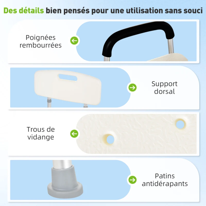 HOMCOM Chaise de Douche siège de Douche Ergonomique Hauteur réglable Pieds antidérapants Dossier accoudoirs Amovibles Charge Max. 136 Kg alu HDPE Blanc