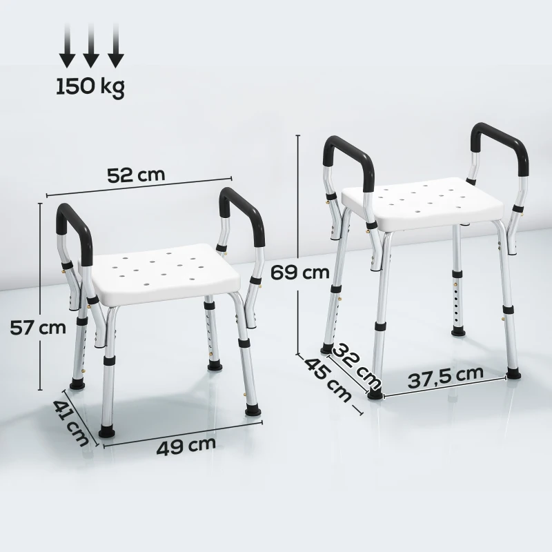 HOMCOM Tabouret de douche pour personnes âgées et handicapées avec accoudoirs, hauteur réglable, patins antidérapants, blanc