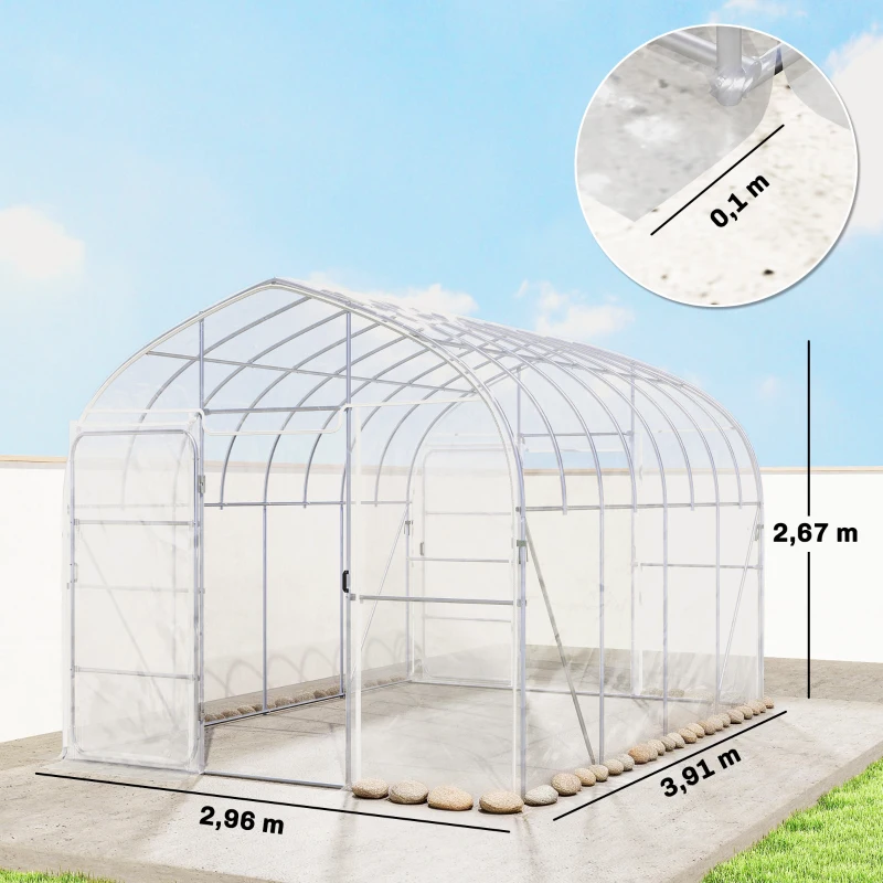 Outsunny Serre Tunnel de Jardin 12m² Film PO Anti-goutte Acier Galvanisé 25mm Structure Renforcée 2 Portes Battantes Transparent