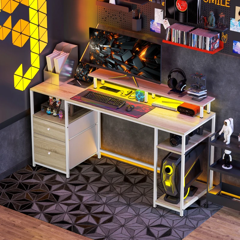 HOMCOM Bureau d'ordinateur bureau lumières LED réglables 2 prises ports USB tiroirs étagères 155,5x48x88,5cm effet bois naturel