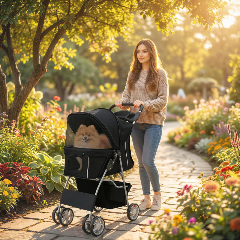 PawHut Carrito para Perros Pequeños con Cesta de Almacenaje Portavasos Ruedas y Cojín Lavable 77x44x102 cm Negro