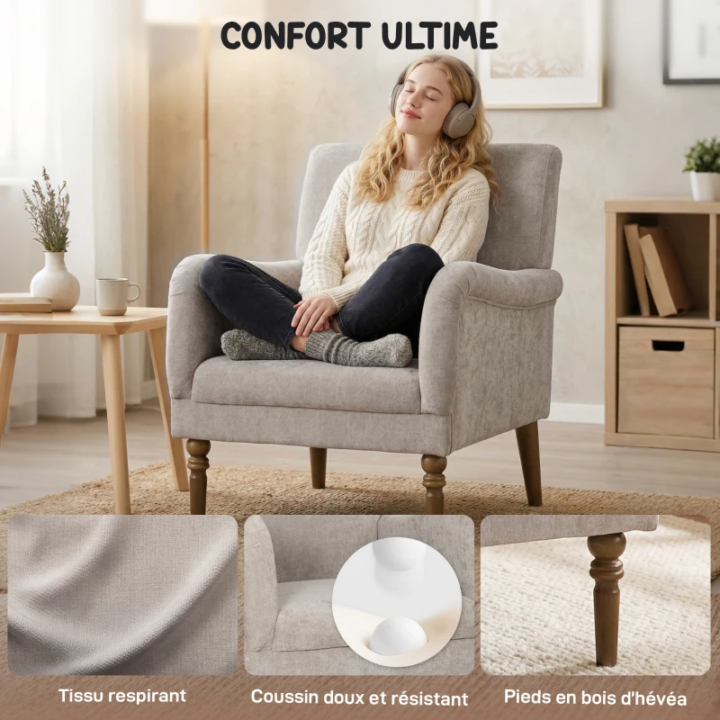HOMCOM Fauteuil de salon, canapé 1 place avec dossier haut, accoudoirs, assise large, pieds en bois d'hévéa, tissu en lin, gris