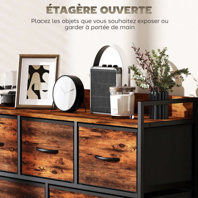 HOMCOM Commode, meuble de rangement avec 5 tiroirs en tissu pliables, plateau et cadre en acier, 98 x 29 x 63 cm, brun rustique