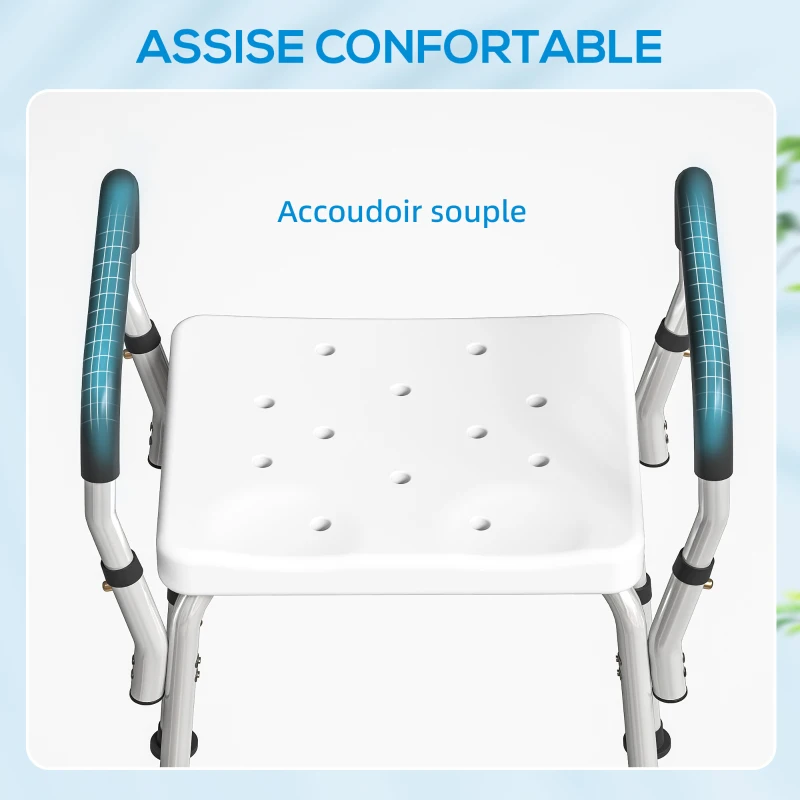 HOMCOM Tabouret de douche pour personnes âgées et handicapées avec accoudoirs, hauteur réglable, patins antidérapants, blanc