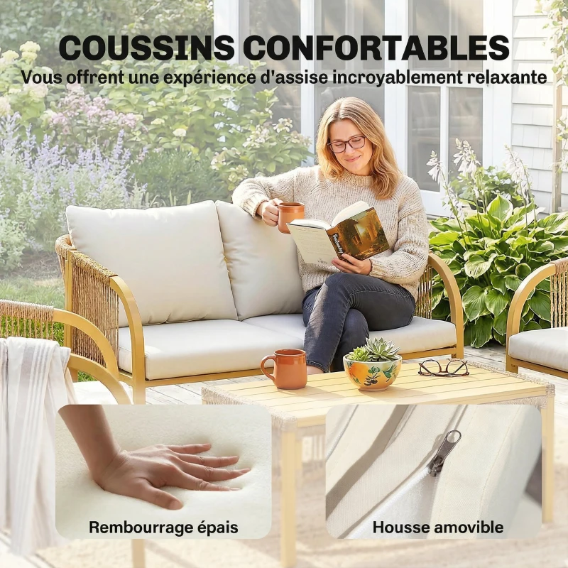 Outsunny Salon de Jardin Extérieur 4 Pièces avec Canapé 2 Fauteuils Table Coussins, Acier Résine Tressée, 120x72x73cm, Kaki