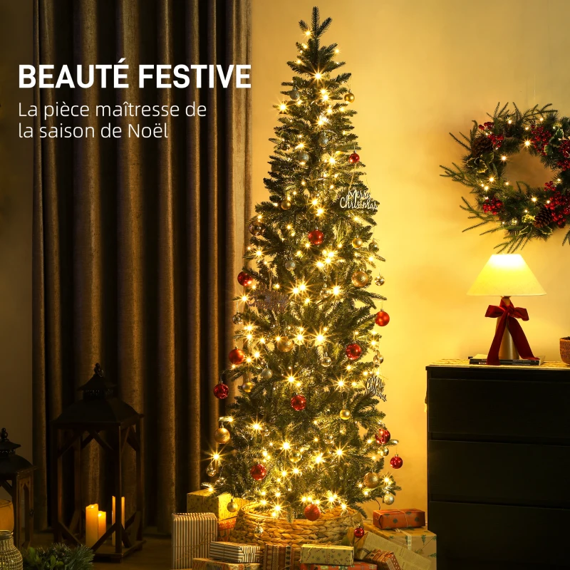HOMCOM Sapin de Noël artificiel 210 cm, arbre de Noël slim avec 300 lumières 8 modes d'éclairage 826 branches articulées, vert