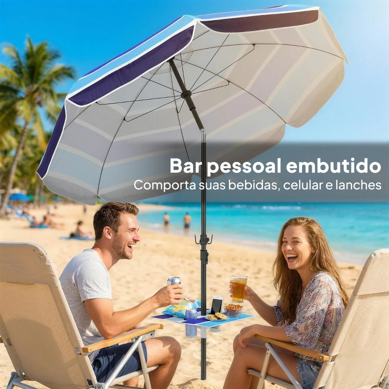 Outsunny Chapéu de Sol de Praia com Mesa Dobrável e Porta-Copos Ø198 cm Altura Ajustável Inclinação Bolsa de Transporte e Gancho UV30+ Multicolor