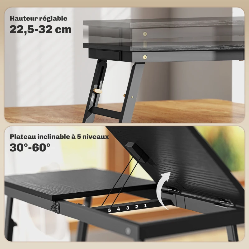 HOMCOM Table de lit pliable et réglable, plateau de lit pour ordinateur portable en bambou plateau inclinable 83,5x33x34cm noir