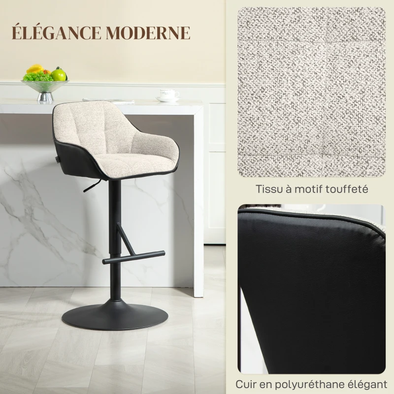 HOMCOM Lot de 2 tabourets de bar chaises de bar hauteur réglable tissu effet lin et base en acier 52,5 x 53 x 86,5-108 cm gris