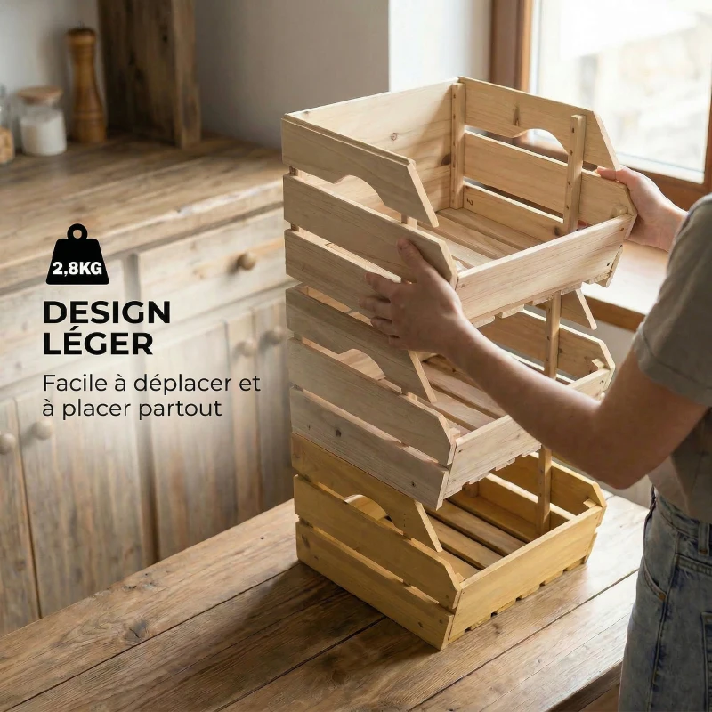 Outsunny Support de Corbeille à Fruits en Bois de Sapin à 3 Étages Amovibles, pour Fruits et Légumes, 27x37,5x60cm, Naturel