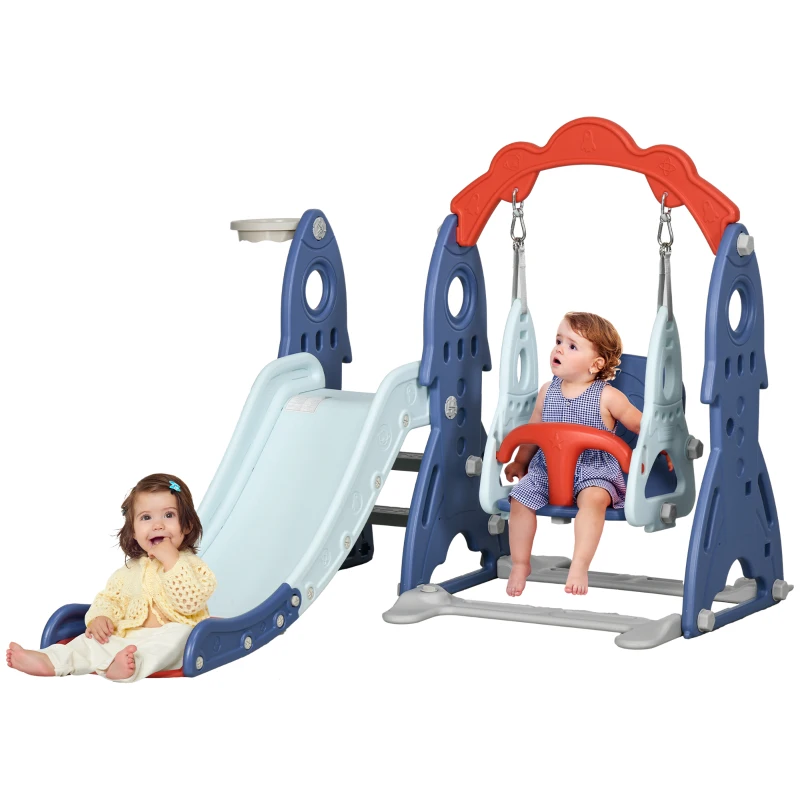 AIYAPLAY Ensemble toboggan et balançoire pour enfants 3 en 1 avec panier de basket, 155L x 136l x 114H cm bleu