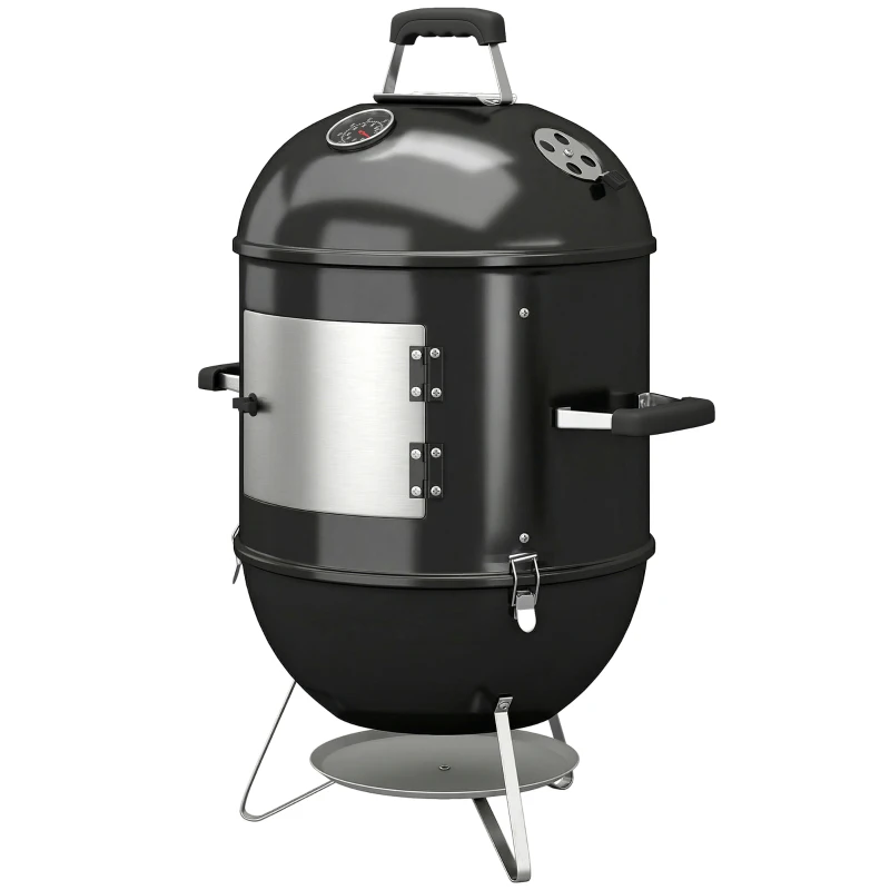 Outsunny 3-in-1 Räuchergrill mit 3 Grillrosten, integriertem Thermometer, verstellbarer Belüftung, 62,5x47,5x91cm, Schwarz
