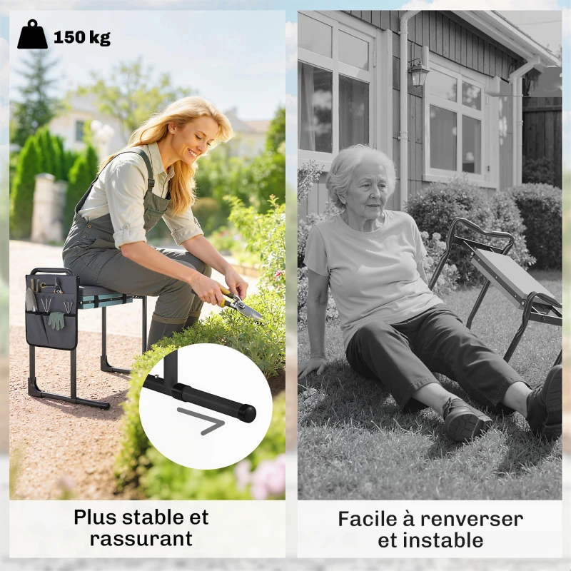 Outsunny Tabouret de jardin pliable agenouilloir de jardin avec coussin rembourré en mousse EVA, poches à outils, gris foncé