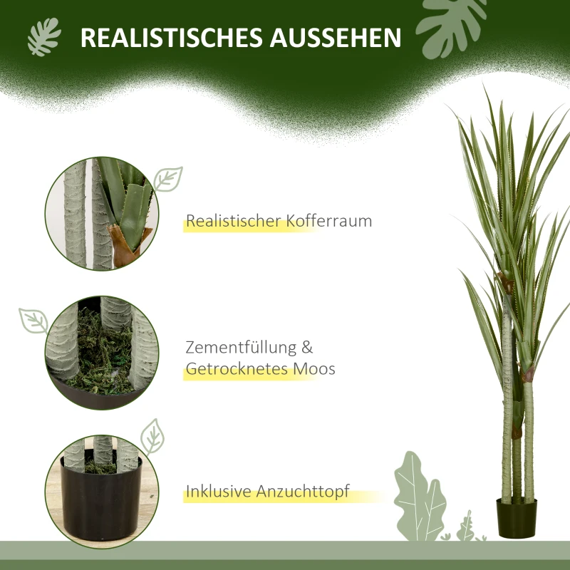 HOMCOM Künstliche Yucca groß 190cm Kunstpflanze, Plastik Künstliche Pflanze im Topf, 17 x 17 x 190 cm Smaragdgrün