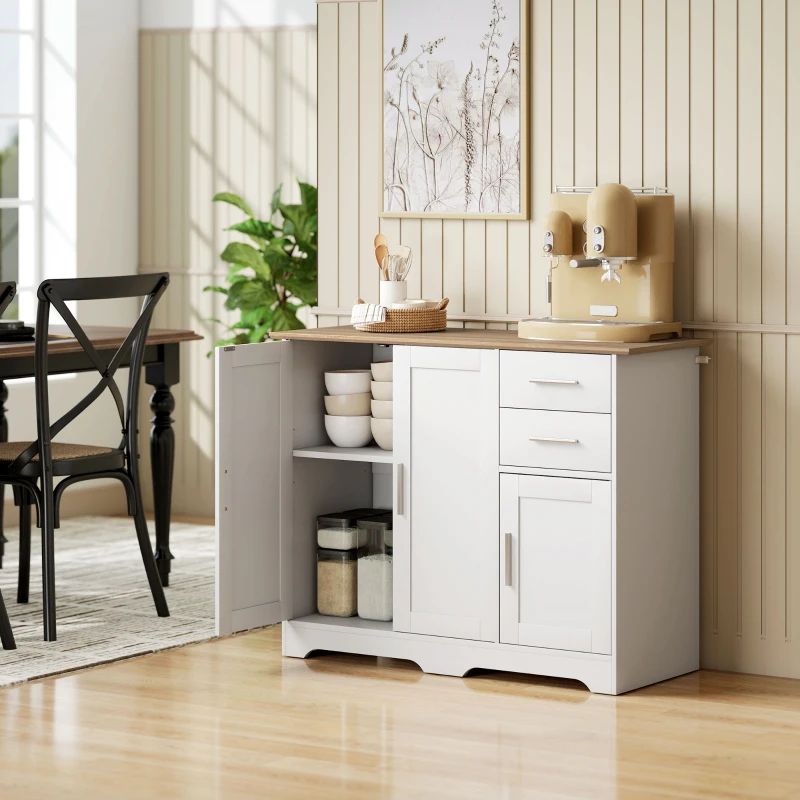 HOMCOM Buffet salon, meuble de rangement avec 2 tiroirs, 3 portes et étagère réglable, 100 x 40 x 78 cm, blanc et bois naturel(m-8)