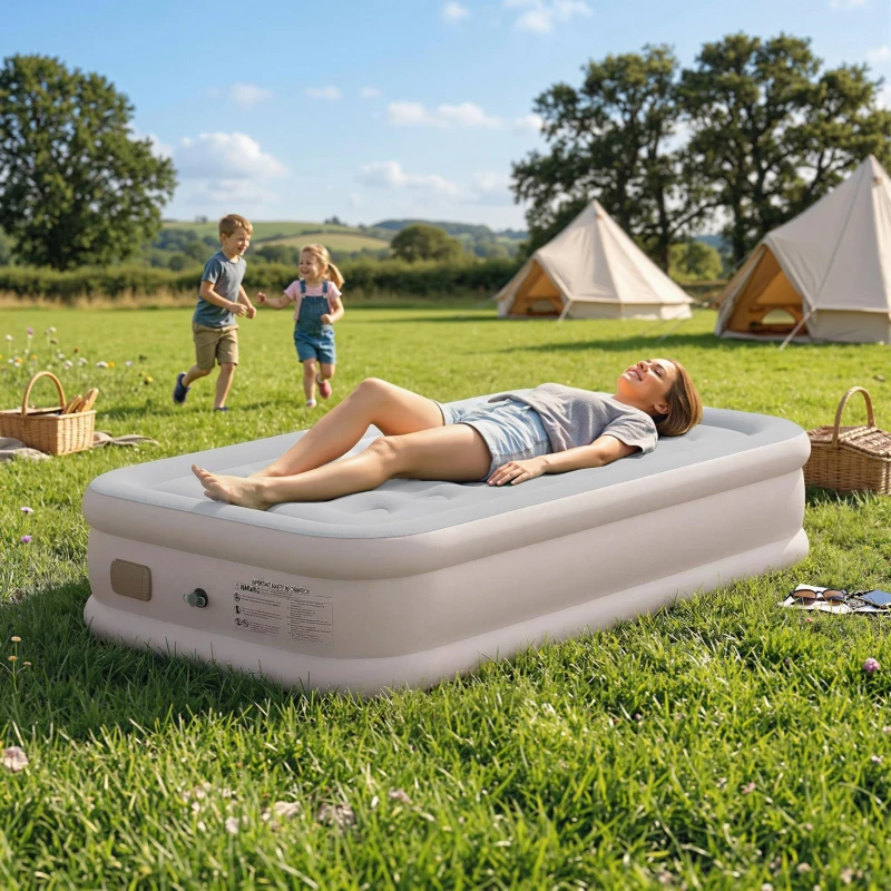 Outsunny Matelas Gonflable, Pompe Électrique Intégrée, Surface Floqué , Imperméable 5000 mm, Sac Transport, 190x97x39cm, Kaki