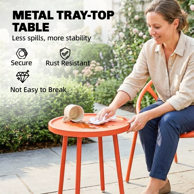 Outsunny Garten-Set Bistro 3-teilig Beistelltisch mit konkaver Platte Stahl und Polypropylen 80x70x75cm Ziegelrot