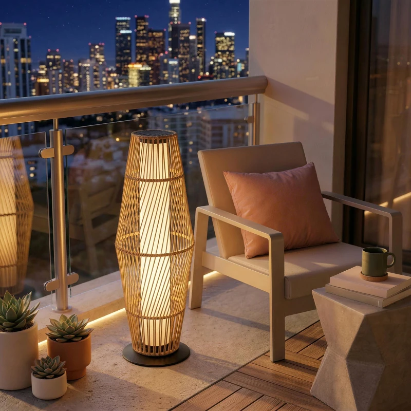 Outsunny Farol Solar Exterior de Resina Trenzada con Sensor de Luz, para Jardín Patio, 26x26x68cm, Arena