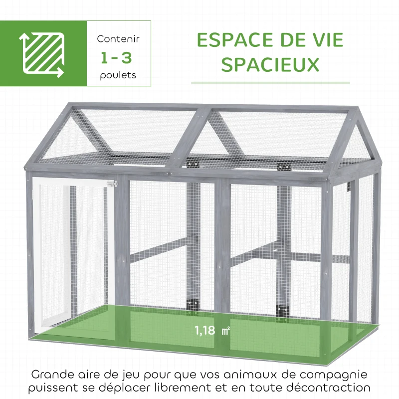 PawHut Enclos poulailler 1,18 m², parc grillagé avec porte verrouillables, cadre en bois massif, 140 x 88,5 x 106 cm, gris
